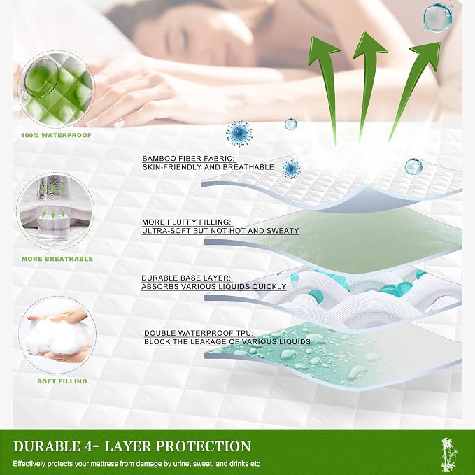UNILIBRA King Mattress Pad Waterproof Rayon Made from Bamboo, Fitted Deep - Image 2