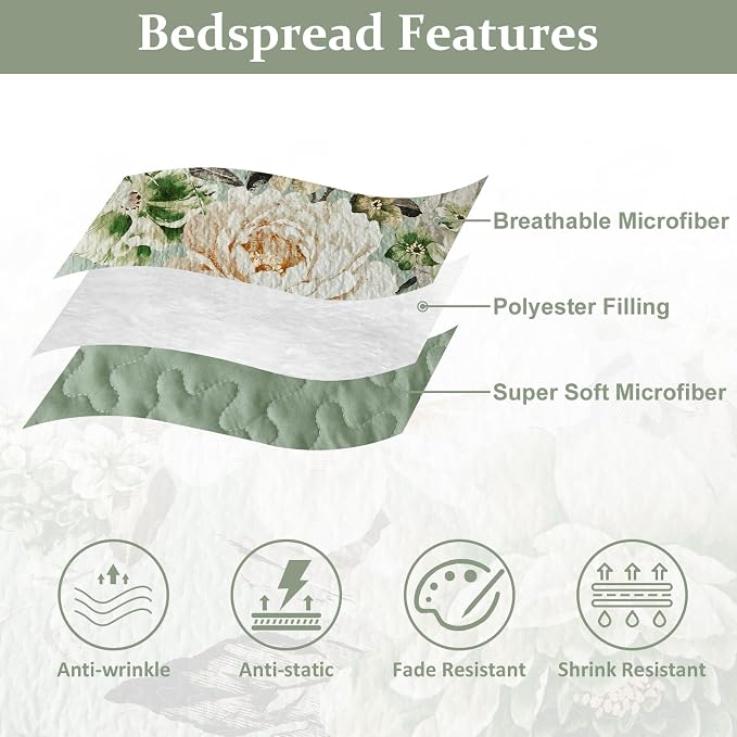 WONGS BEDDING Sage Green Floral Quilt Set King, 3 Pieces Elegant Flower - Image 6