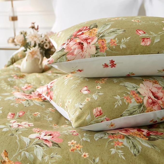 mixinni Duvet Cover Queen Size, Long Staple Cotton Reversible Green Floral - Image 5