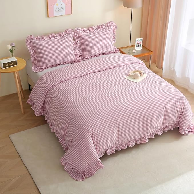 Silnuo Vintage Pink/White Plaid Ruffle 3-Piece Duvet Cover Set Queen Size - Image 7