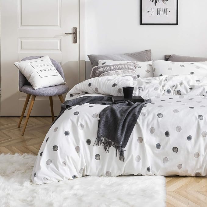 SUSYBAO Polka Dots Duvet Cover Queen 100% Cotton 3 Pieces Set 1 White Geometric - Image 2
