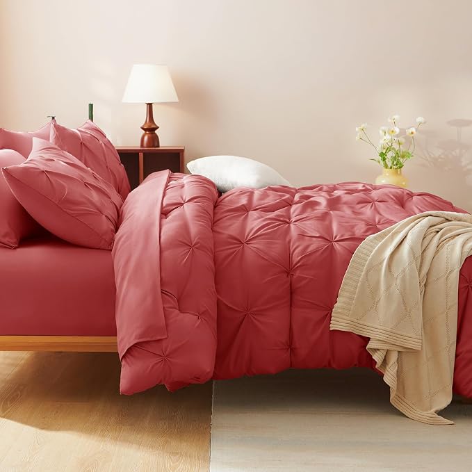 CozyLux Full Size Comforter Sets Coral, 7 Pieces Pintuck Bed in A Bag Coral - Image 8
