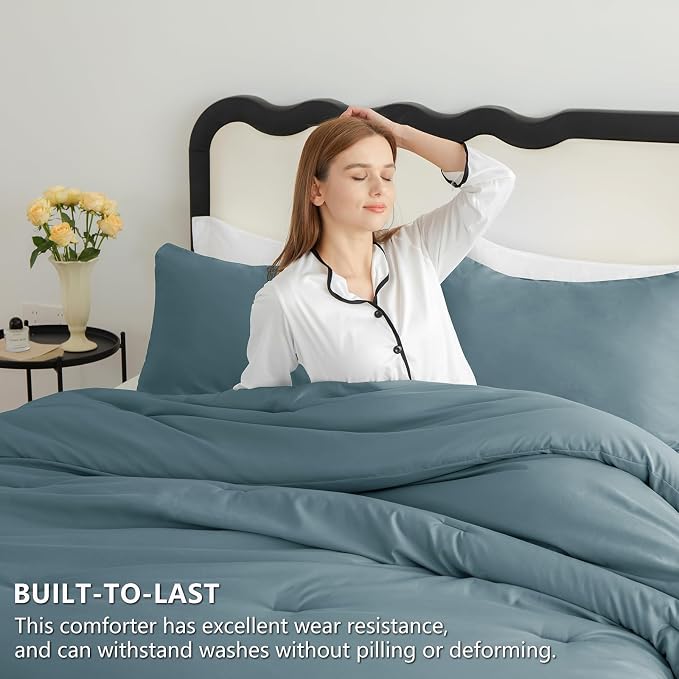 CozyLux Full Size Comforter Set Mineral Blue, 3 Pieces Solid Breathable Quilted - Image 3