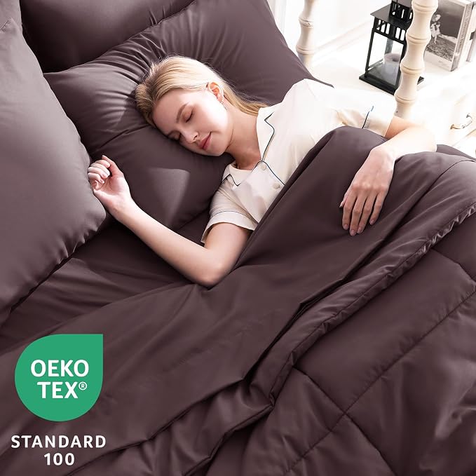CozyLux Queen Comforter Set Cocoa Powder, 7 Pieces Bed in a Bag, All Season - Image 3