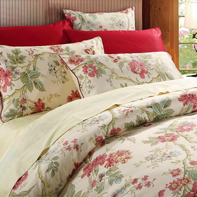 mixinni Red Floral Duvet Cover Queen Green Leaves Pattern Bedding Duvet Cover - Image 3