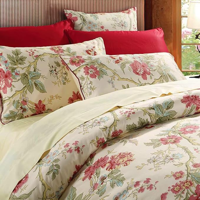 mixinni Garden Style 3 Pieces Red Flower Leaf Pattern Duvet Cover Set Queen - Image 3