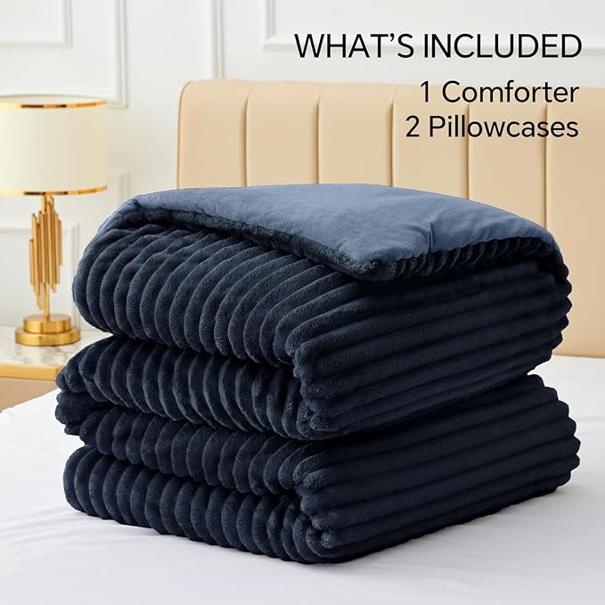 BEDELITE Fleece Oversized Queen Comforter Set -Super Soft & Warm Fluffy Navy - Image 6