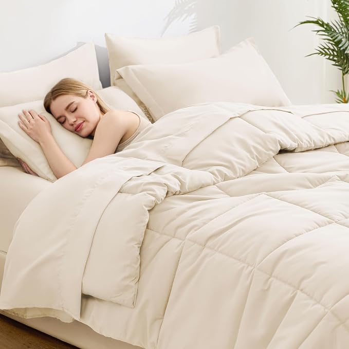 Love's cabin Queen Comforter Set Beige, 7 Pieces Queen Bed in a Bag, All Season - Image 3