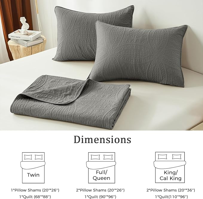 akkialla Dark Grey King/Cal King Quilt Set, Ultrasonic Lightweight Bedspread - Image 6