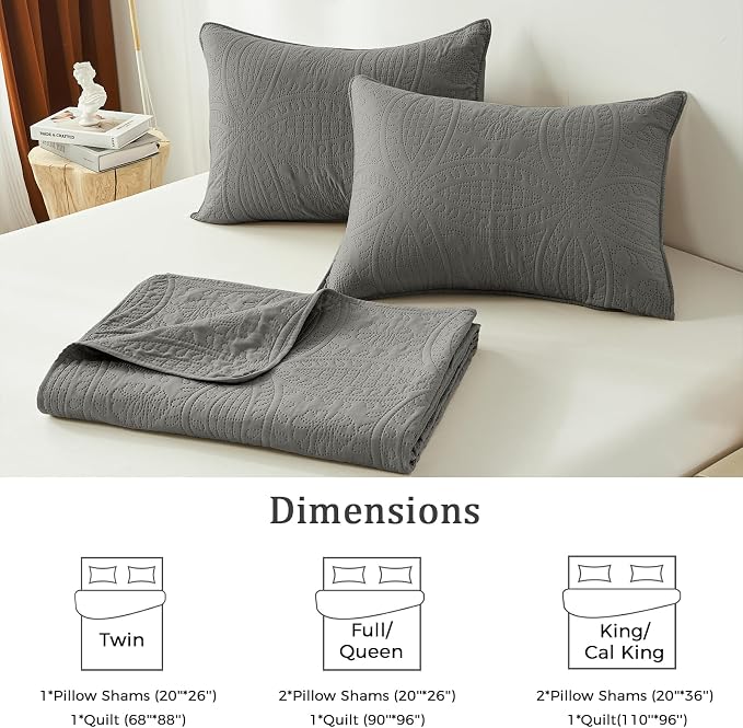 akkialla Dark Grey Full/Queen Quilt Set, Ultrasonic Lightweight Bedspread - Image 6