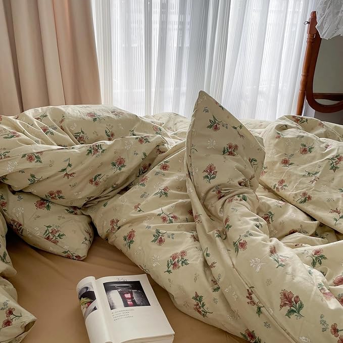 MKXI Yellowish Beige & Red Floral Duvet Cover Set Full Size - Image 6