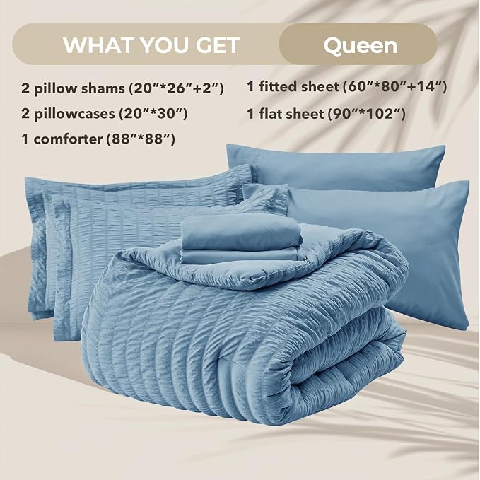 HYMOKEGE Mineral Blue Queen Comforter Set Seersucker 7 Pieces, All Season - Image 5