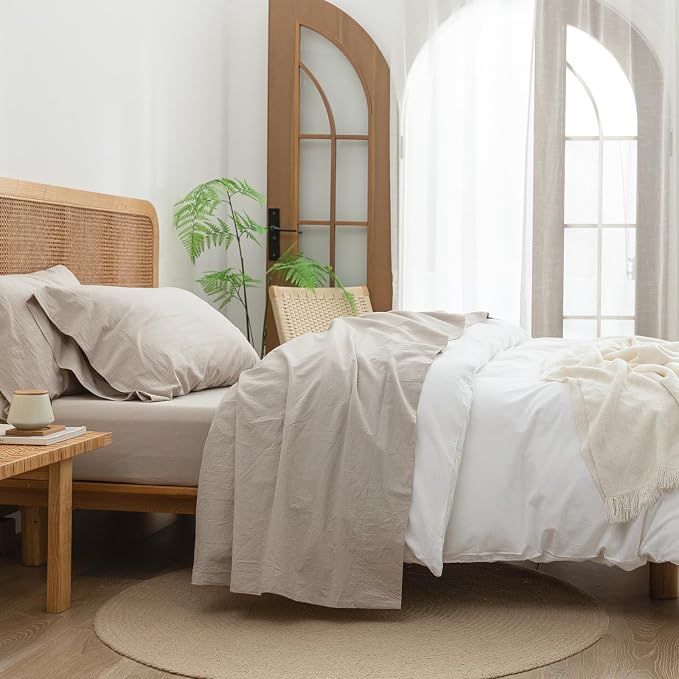 BESTOUCH Flat Sheet Only 100% Washed Cotton Linen Feel Wrinkle-Free, - Image 5