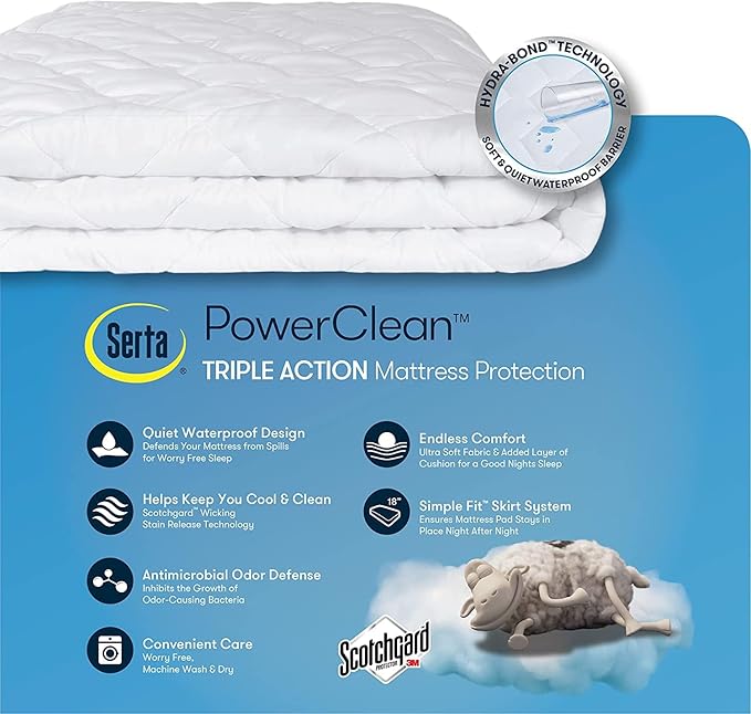 SERTA Power Clean Triple Action Quilted Soft Waterproof Mattress Pad Protector - Image 5