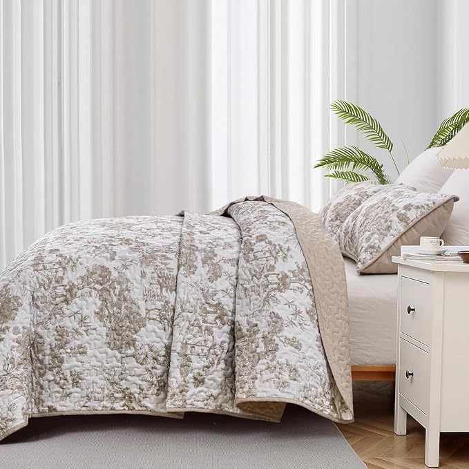 WONGS BEDDING Botanical Quilt Set Queen Size, Khaki 3 Pieces Toile Floral - Image 4