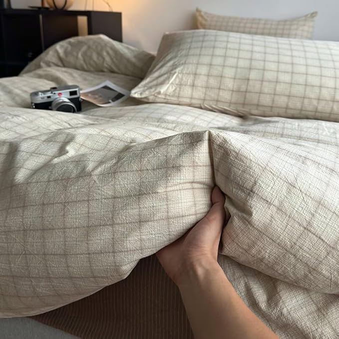 PinkMemory Beige Gingham Duvet Cover Bedding King 100% Washed Cotton Vintage - Image 5