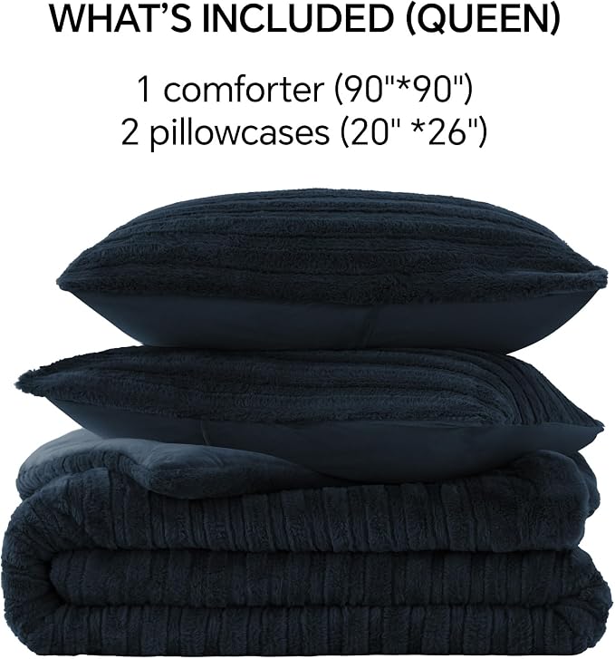 BEDELITE Fleece Queen Comforter Set -Super Soft & Warm Fluffy Navy Faux Fur - Image 8