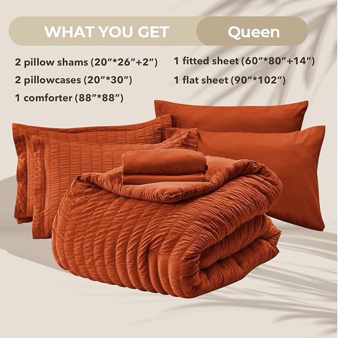 HYMOKEGE Burnt Orange Queen Comforter Set Seersucker 7 Pieces, All Season - Image 5