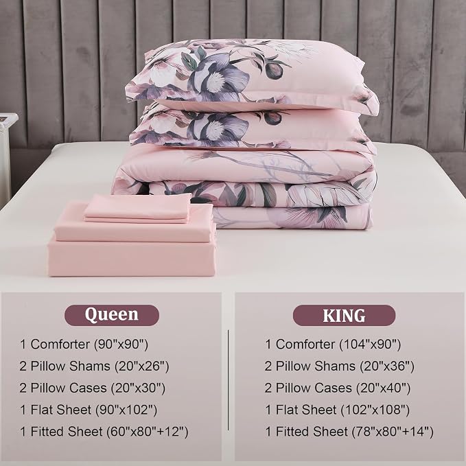 Luxudecor Floral Comforter Set Queen Size 7 Piece, Blush Pink Flower Bed in a - Image 7