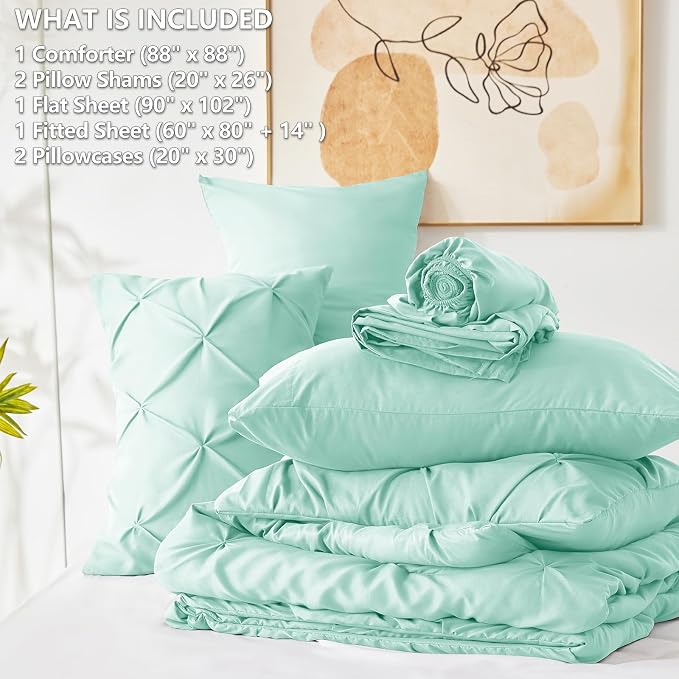 CozyLux Queen Comforter Set Mint Green, 7 Pieces Pintuck Bed in A Bag, Premium - Image 7