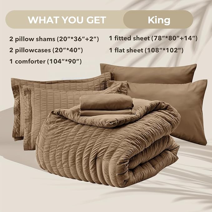 HYMOKEGE Brown King Size Comforter Set Seersucker 7 Pieces, All Season Luxury - Image 5