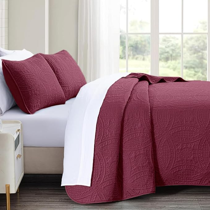 akkialla Burgundy Full/Queen Quilt Set, Ultrasonic Lightweight Bedspread - Image 4