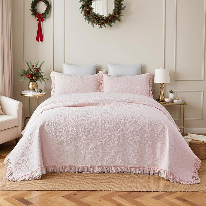 Brandream Queen Size Quilt Set Cotton Light Pink Quilts Shabby Chic Bedding - Image 2