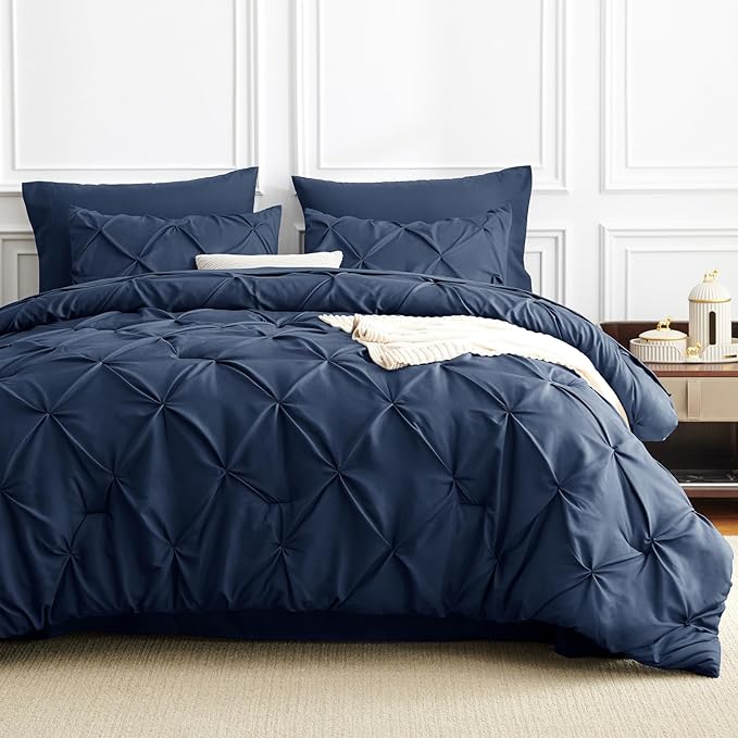 HIMEET Pintuck Bed in a Bag, 7 Pieces Queen Size Comforter Set Navy Blue - Image 9