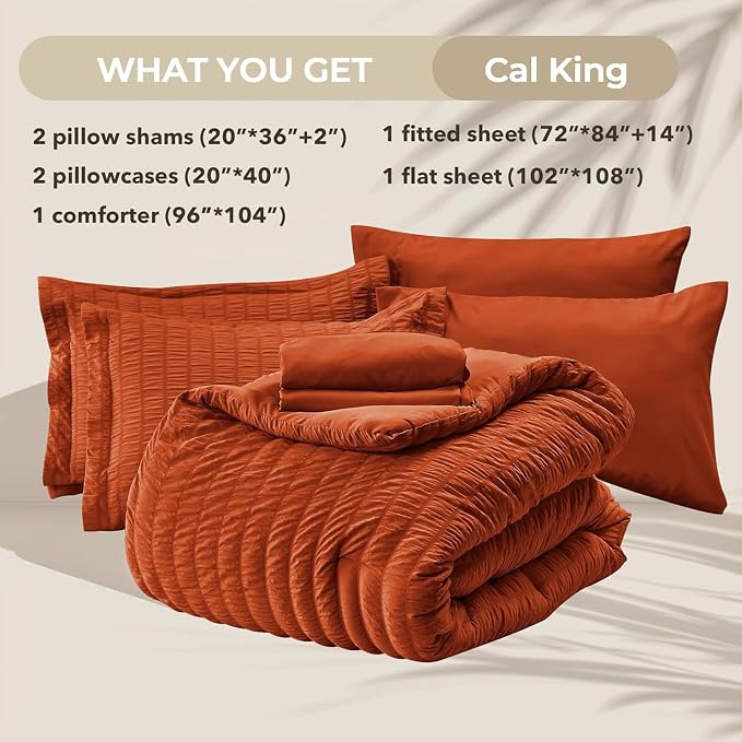 HYMOKEGE Burnt Orange California King Comforter Set Seersucker 7 Pieces - Image 5