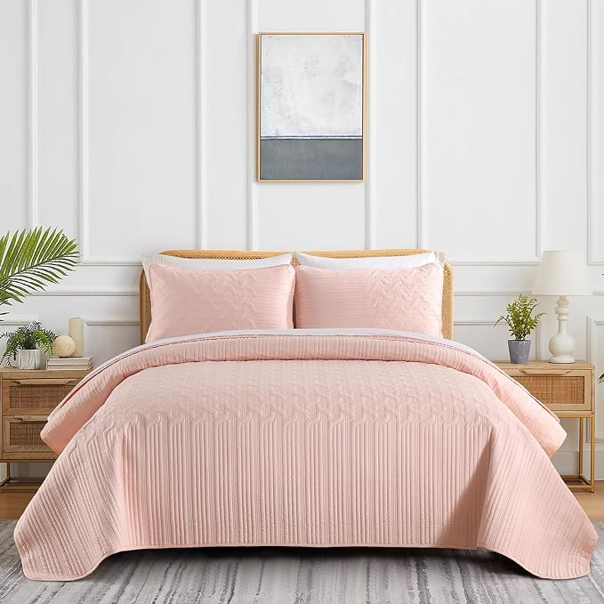 Yiran Blush Pink Quilt Set King Size, 3 Piece Reversible Bedspreads Bedding Set - Image 2