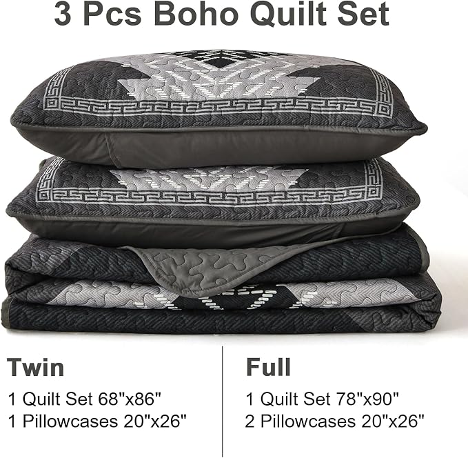 Dintszyayue Black Quilt Set Boho King Size, 3 Piece Aztec Texture Bedspread - Image 7