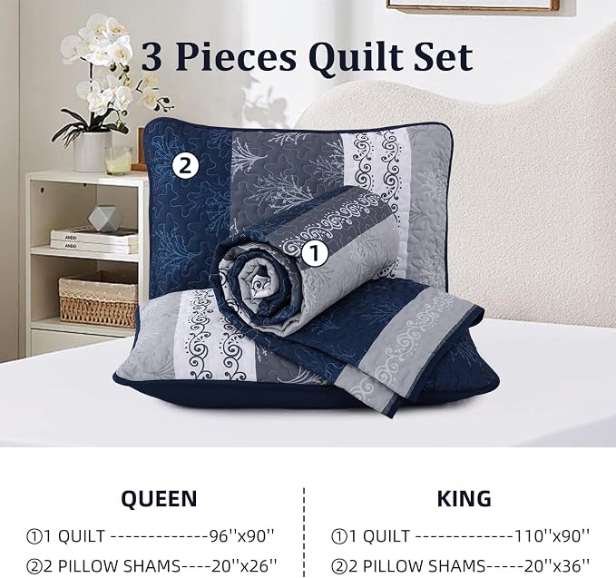 DJY Stripe Quilt Set Queen Size Navy Blue Bedspread Coverlet Set 3 Pieces Boho - Image 8
