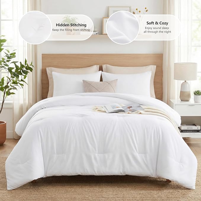 CozyLux Full Size Comforter Set White, 3 Pieces Solid Breathable Quilted - Image 2