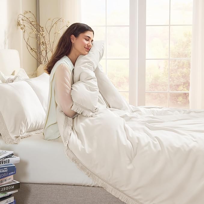 Andency King Size Comforter Set Beige, 3 Pieces Boho Lightweight Tassel Fluffy - Image 6