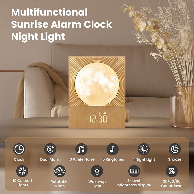RETEYUNG Sunrise Alarm Clocks for Heavy Sleepers, Rotatable Moon Light - Image 2