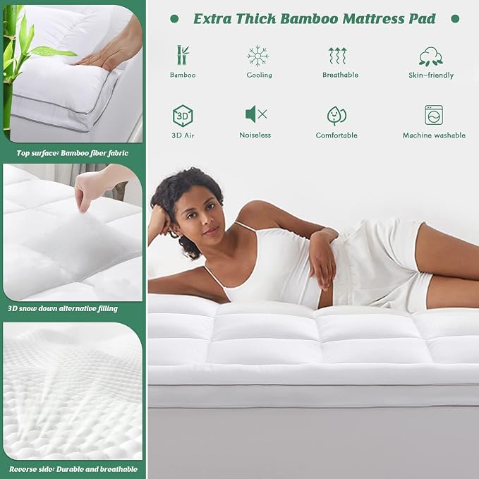 GRT Pillowtop Mattress Topper Full Size, Rayon from Bamboo Mattress Cover Padded - Image 2