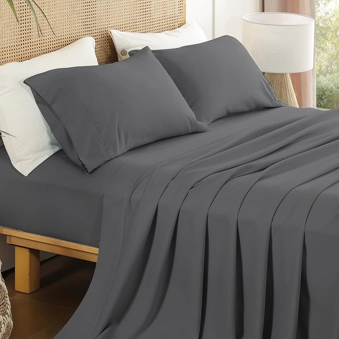 Queen Sheet Set 4 Pieces, Wrinkle Free, Oeko-Tex Certified Bedsheets，Dark Grey by Dreava