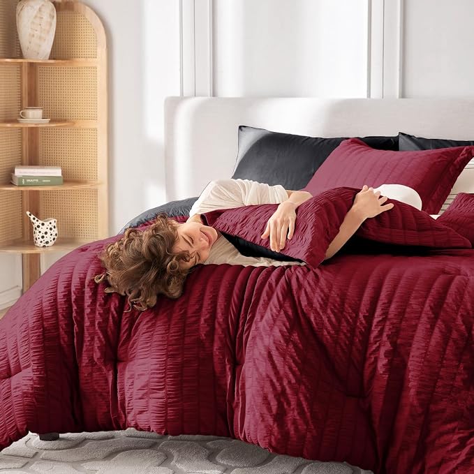 MUXHOMO 7 Pieces King Comforter Set, Seersucker Bed in a Bag King Size - Image 7