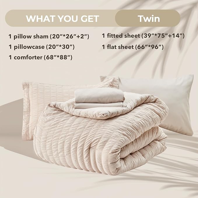 HYMOKEGE Beige Twin Comforter Set Seersucker 5 Pieces, All Season Luxury Bed in - Image 6