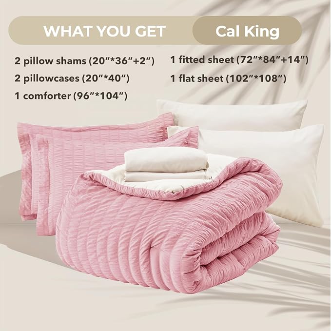 HYMOKEGE Pink/Ivory California King Comforter Set Seersucker 7 Pieces, All - Image 6