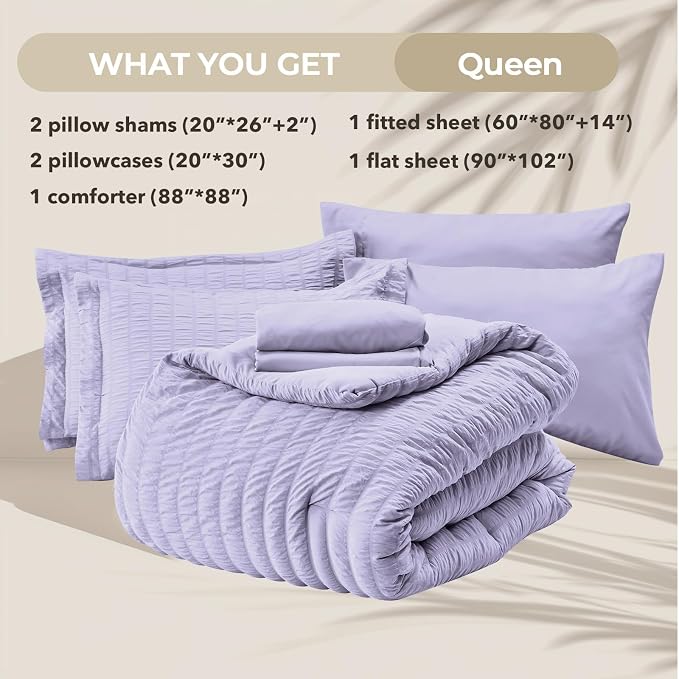 HYMOKEGE Light Purple Queen Comforter Set Seersucker 7 Pieces, All Season - Image 6