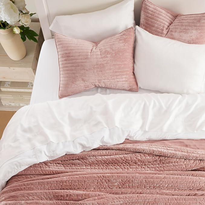 EVERGRACE Velvet Quilt Set King Size, Luxurious Soft Striped Channel Bedding Set - Image 3