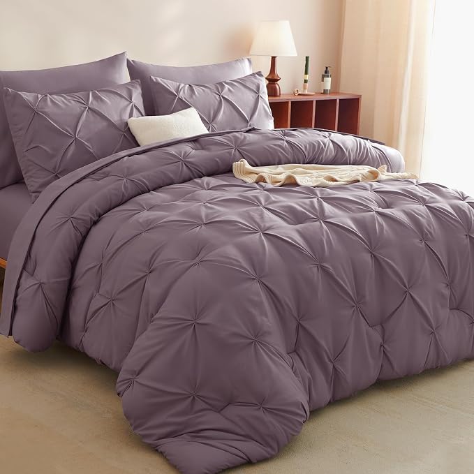 CozyLux Queen Comforter Set Grayish Purple, 7 Pieces Pintuck Bed in A Bag by CozyLux