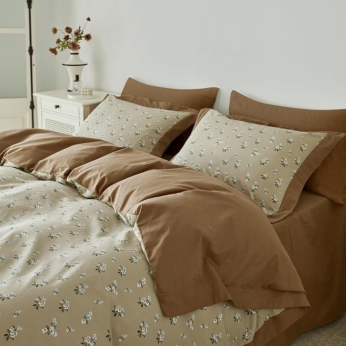 SUSYBAO Decorative Floral Duvet Cover King 100% Cotton 3 Pcs Set 1 Khaki White - Image 2