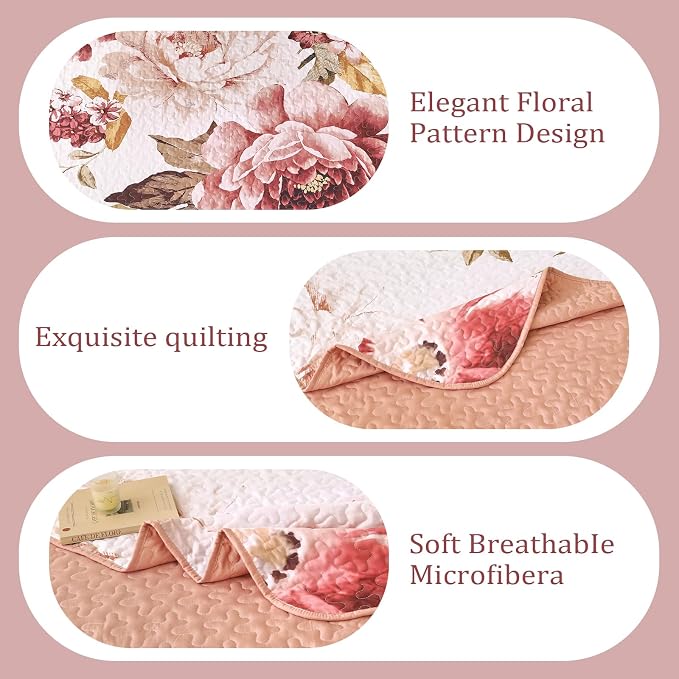 WONGS BEDDING Blush Floral Quilt Set Queen, Elegant Flower Bedspread Coverlet - Image 6