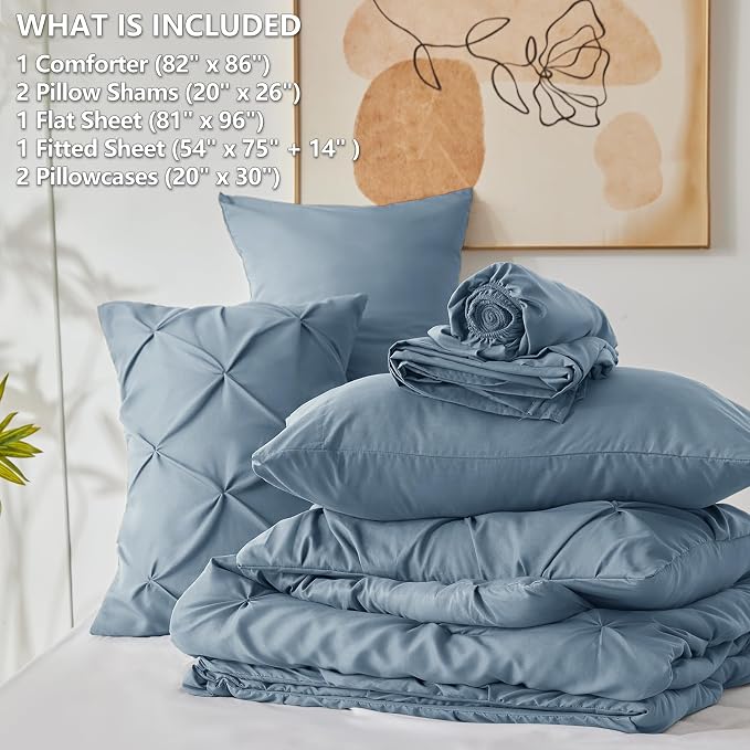 CozyLux Full Size Comforter Sets Mineral Blue, 7 Pieces Pintuck Bed in A Bag - Image 7
