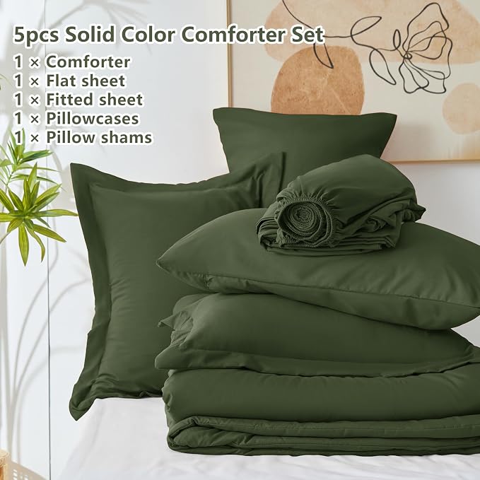 CozyLux Twin Comforter Set Olive Green, 5 Pieces Bed in a Bag Twin Comforter Set - Image 7