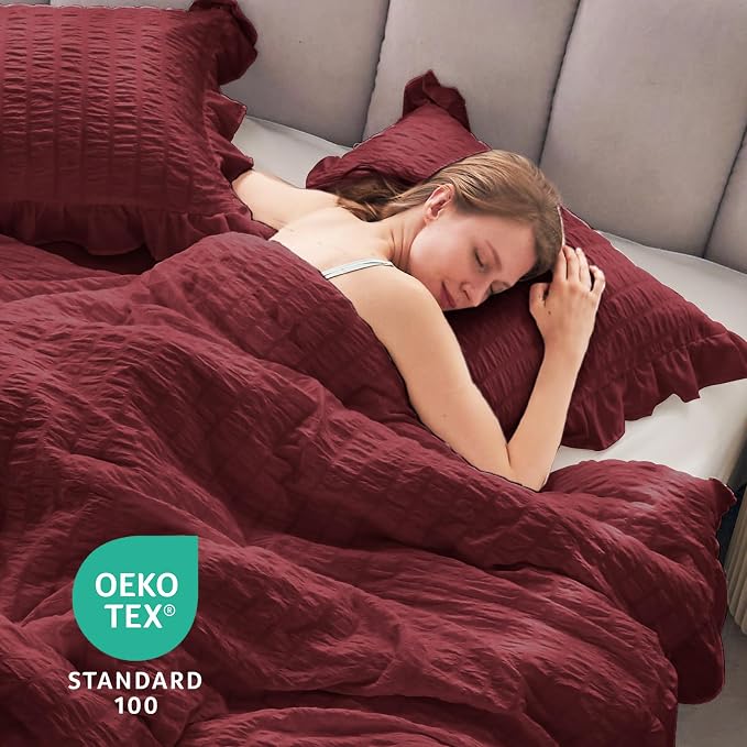 JOLLYVOGUE King Size Comforter Set, 3 Pieces Burgundy Seersucker Comforters - Image 6