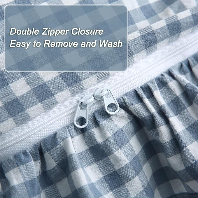 Silnuo Light Blue/White Plaid Ruffle Duvet Cover Set Twin Size, 100% Washed - Image 4