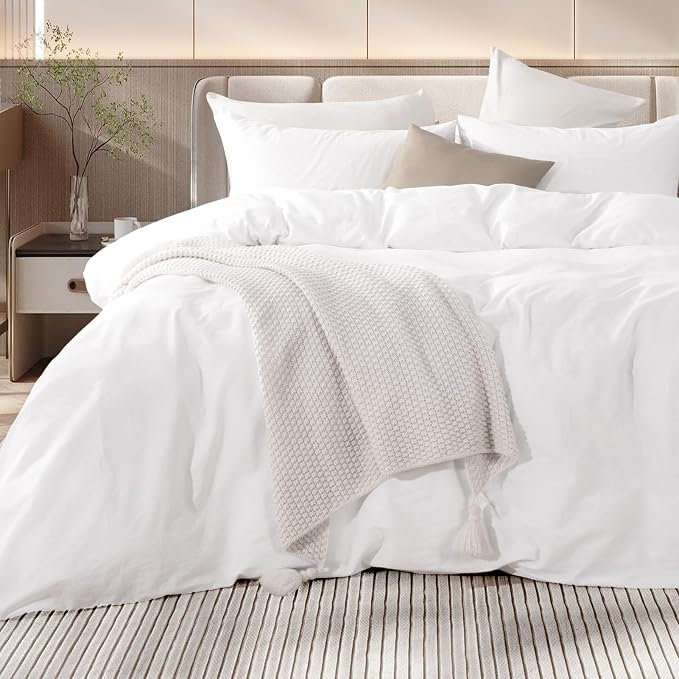 NEXHOME PRO Cotton Duvet Cover Set King Size Linen Feel White Organic Natural - Image 2